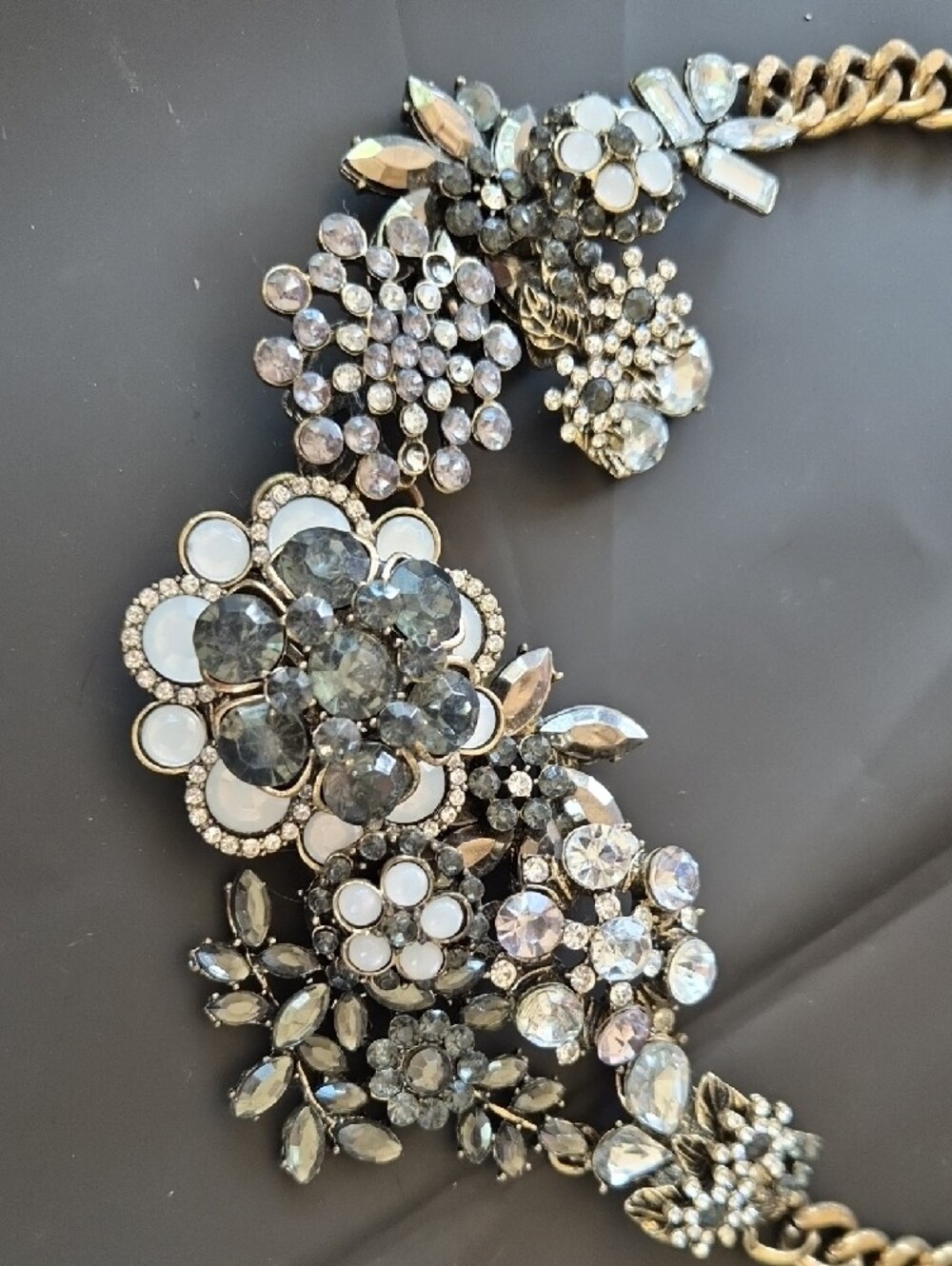 Statement Floral Crystal Necklace – Gold with Green/Gray and White Accents - Picture 2 of 5